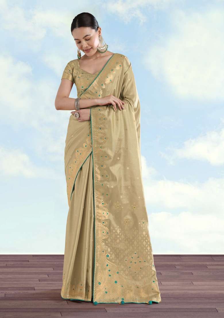 Cream Woven Silk Saree Set for Diwali | Wedding & Festive Wear - Indya