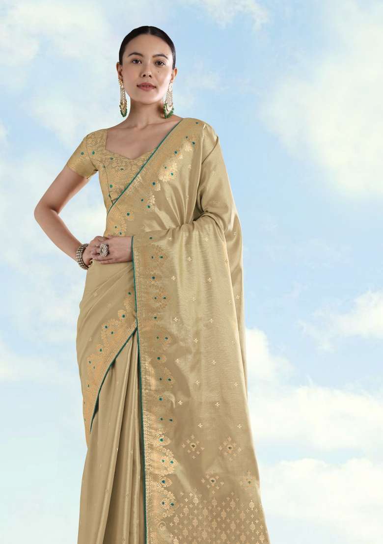 Cream Woven Silk Saree Set for Diwali | Wedding & Festive Wear - Indya