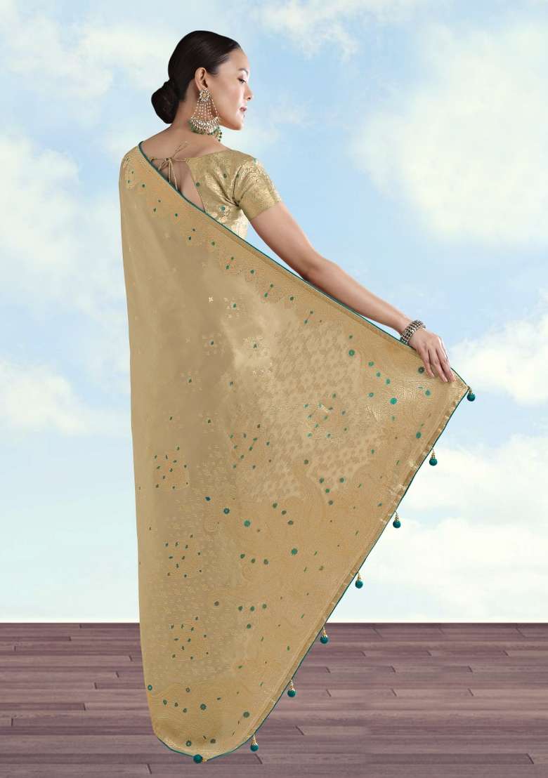 Cream Woven Silk Saree Set for Diwali | Wedding & Festive Wear - Indya