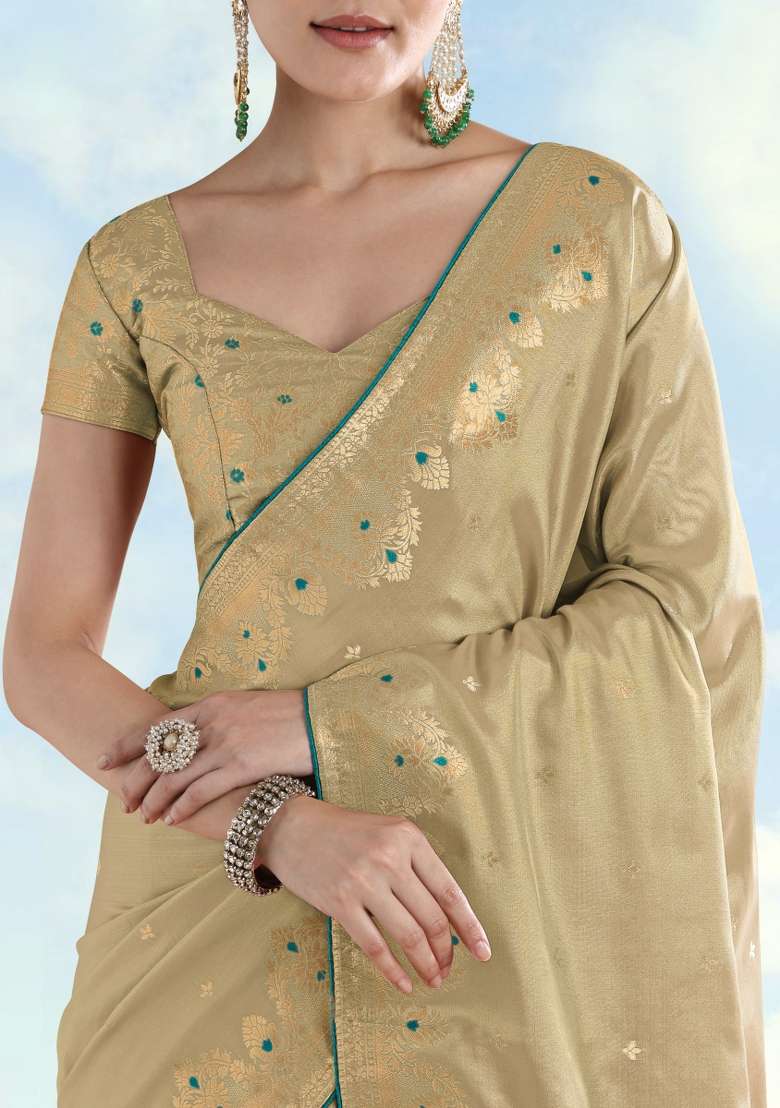 Cream Woven Silk Saree Set for Diwali | Wedding & Festive Wear - Indya
