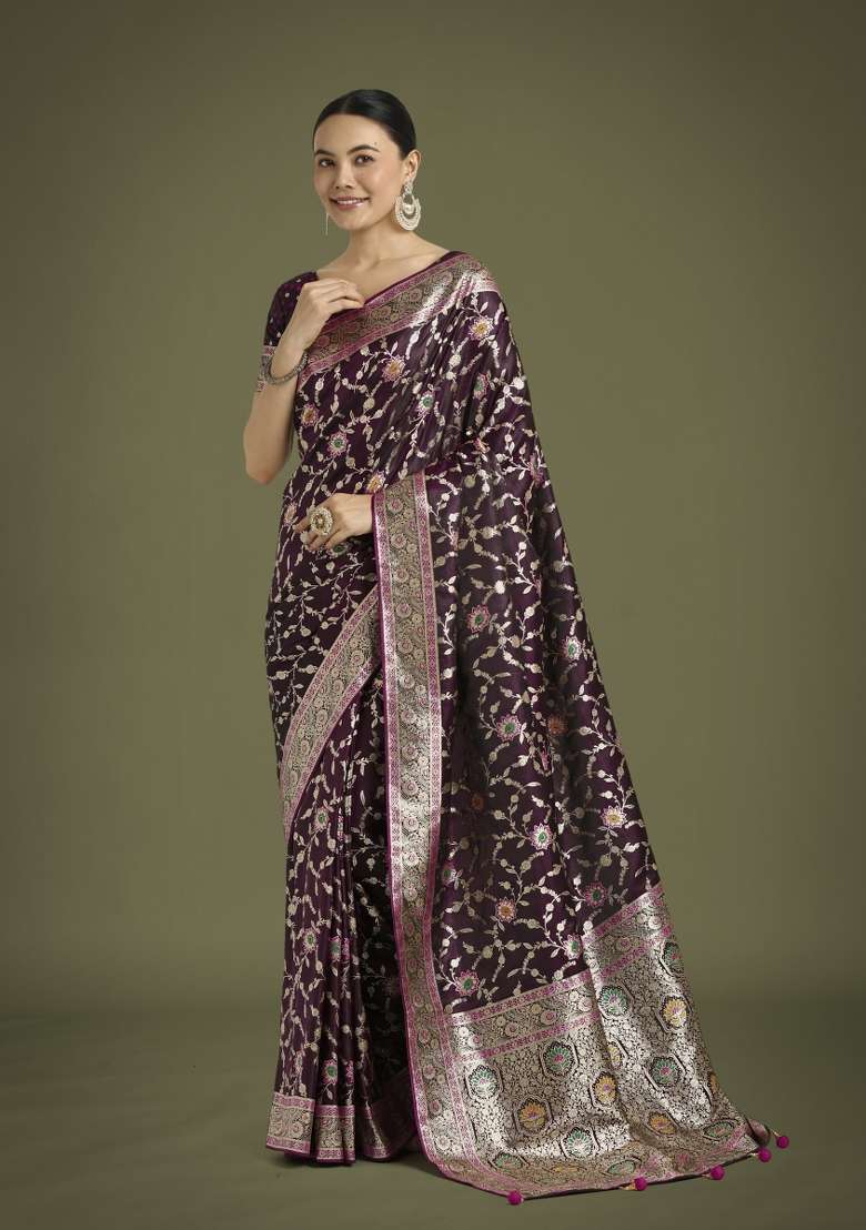 Wine Woven Silk Saree Set for Diwali | Wedding & Festive Wear - Indya