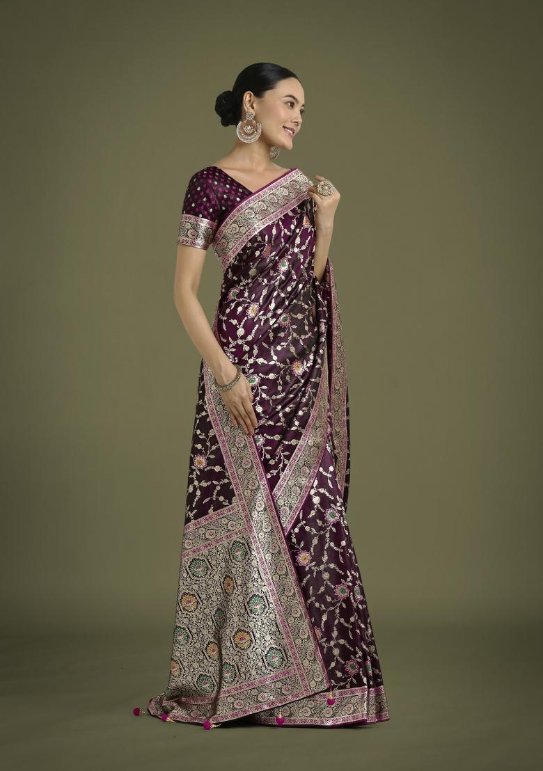 Wine Woven Silk Saree Set - Indya