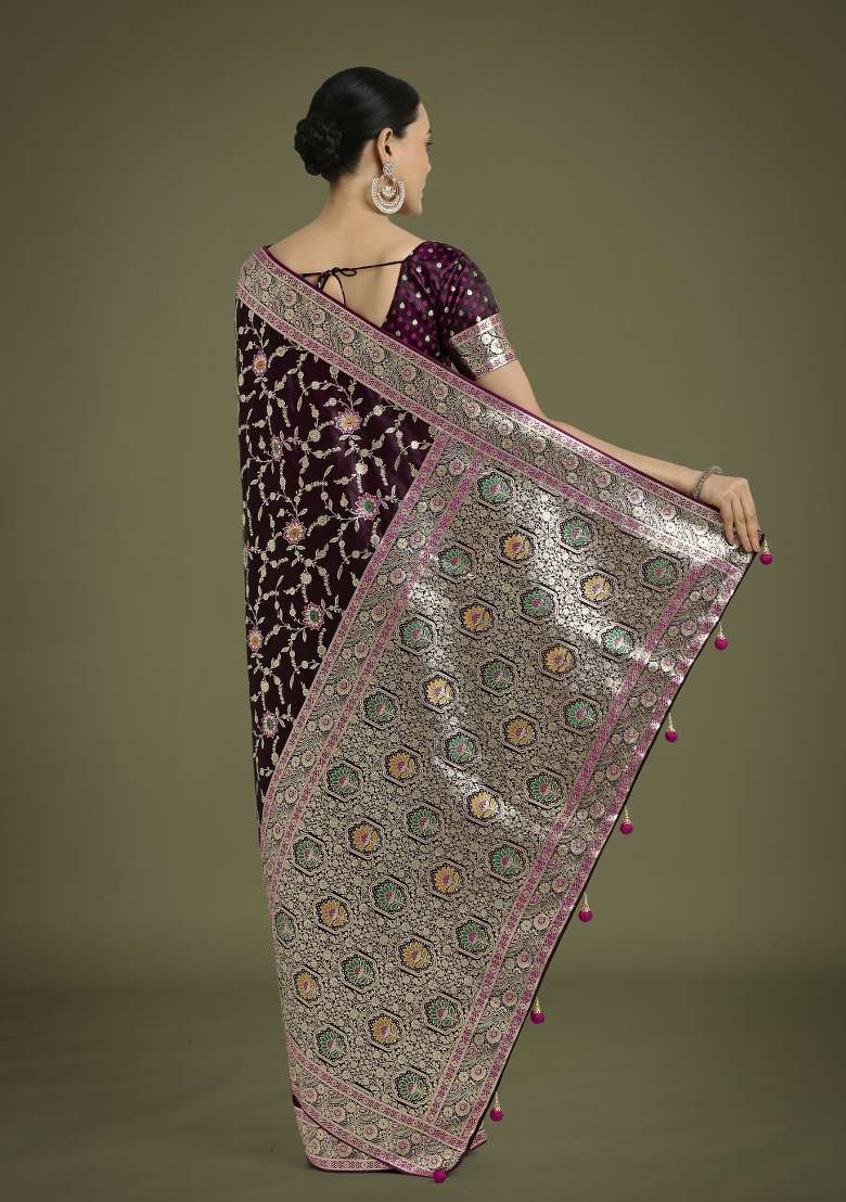 Wine Woven Silk Saree Set for Diwali | Wedding & Festive Wear - Indya