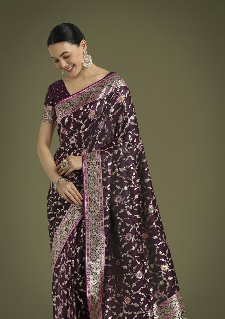 Wine Woven Silk Saree Set - Indya