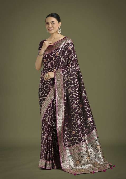 Wine Woven Silk Saree Set for Diwali | Wedding & Festive Wear