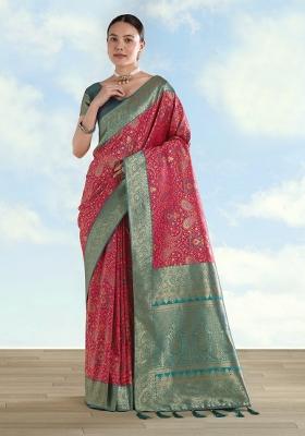 Pink Woven Silk Saree Set