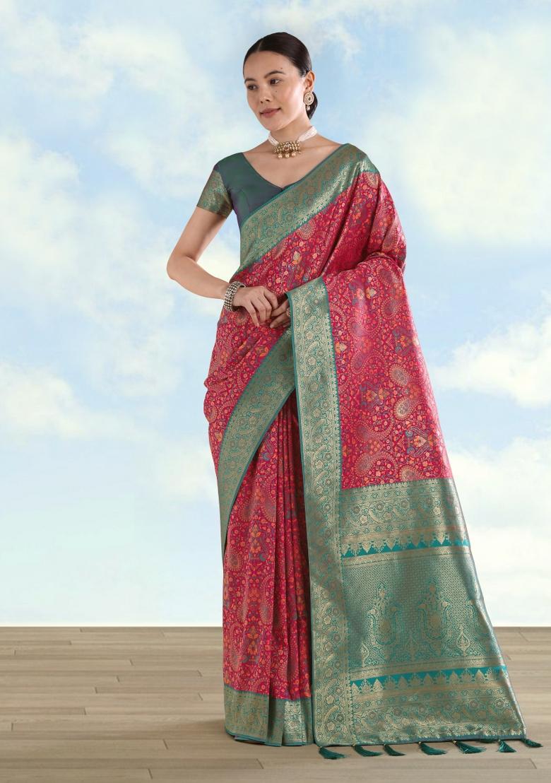 Pink Woven Silk Saree Set - Indya