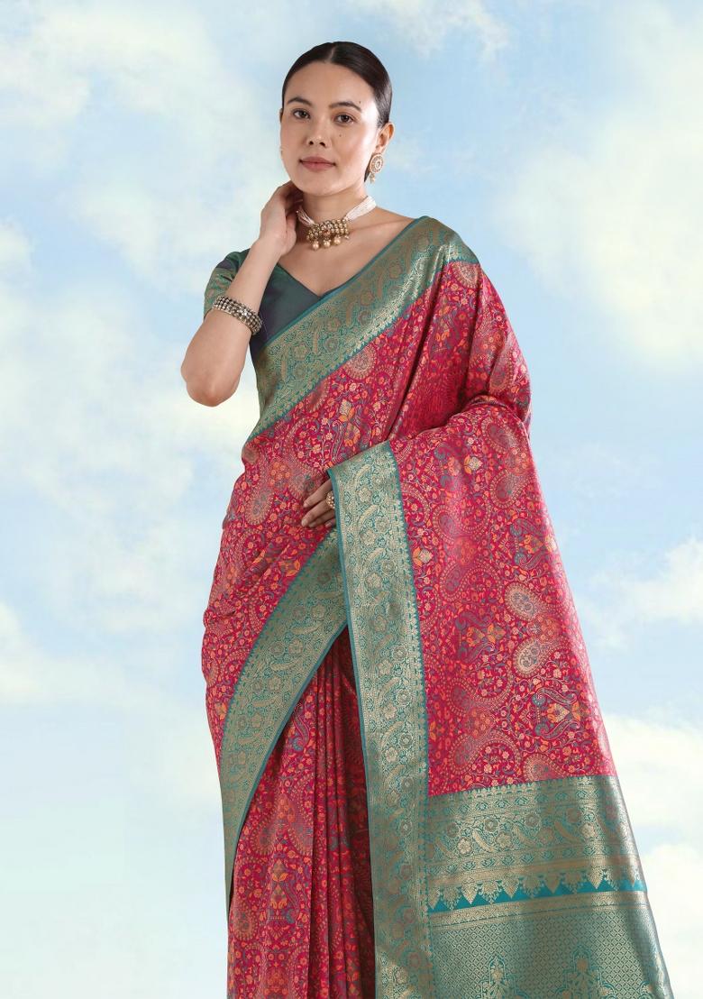 Pink Woven Silk Saree Set - Indya