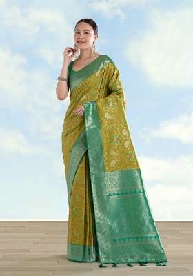 Parrot Green Woven Silk Saree Set