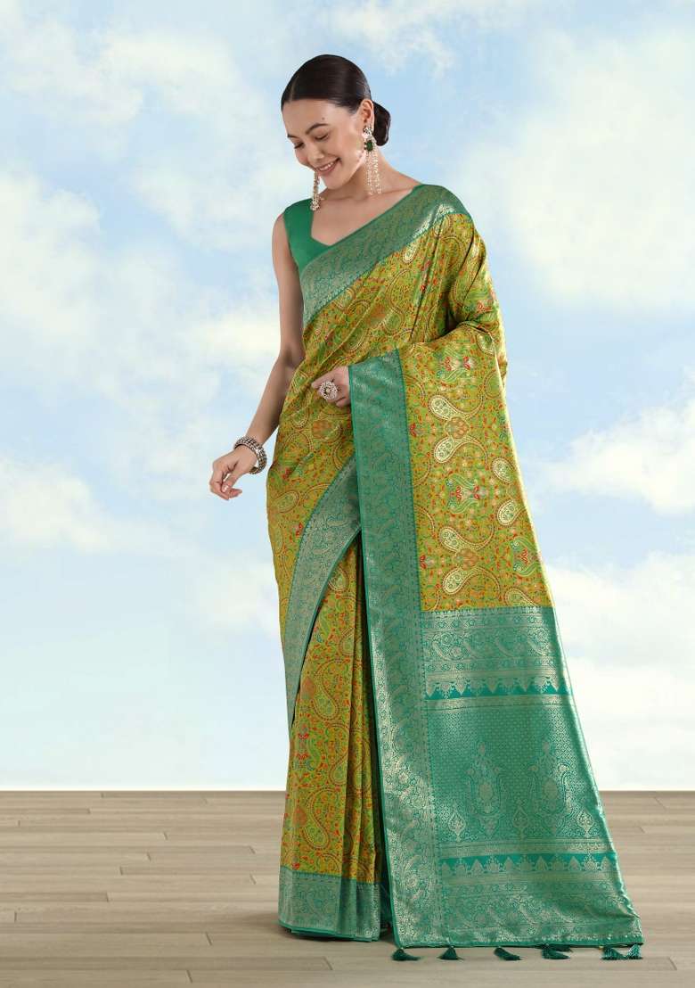 Parrot Green Woven Silk Saree Set for Diwali and Festive Wear - Indya