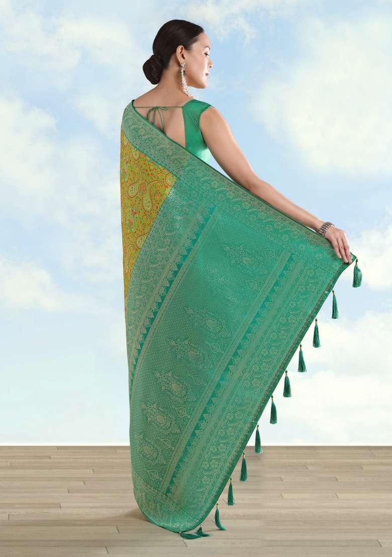 Parrot Green Woven Silk Saree Set for Diwali and Festive Wear - Indya