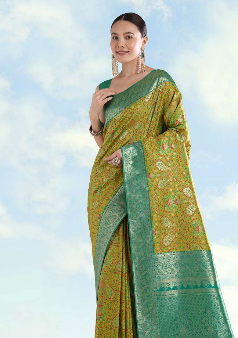 Parrot Green Woven Silk Saree Set for Diwali and Festive Wear - Indya