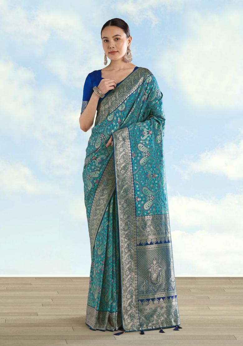 Sky Blue Woven Silk Saree Set - Indya