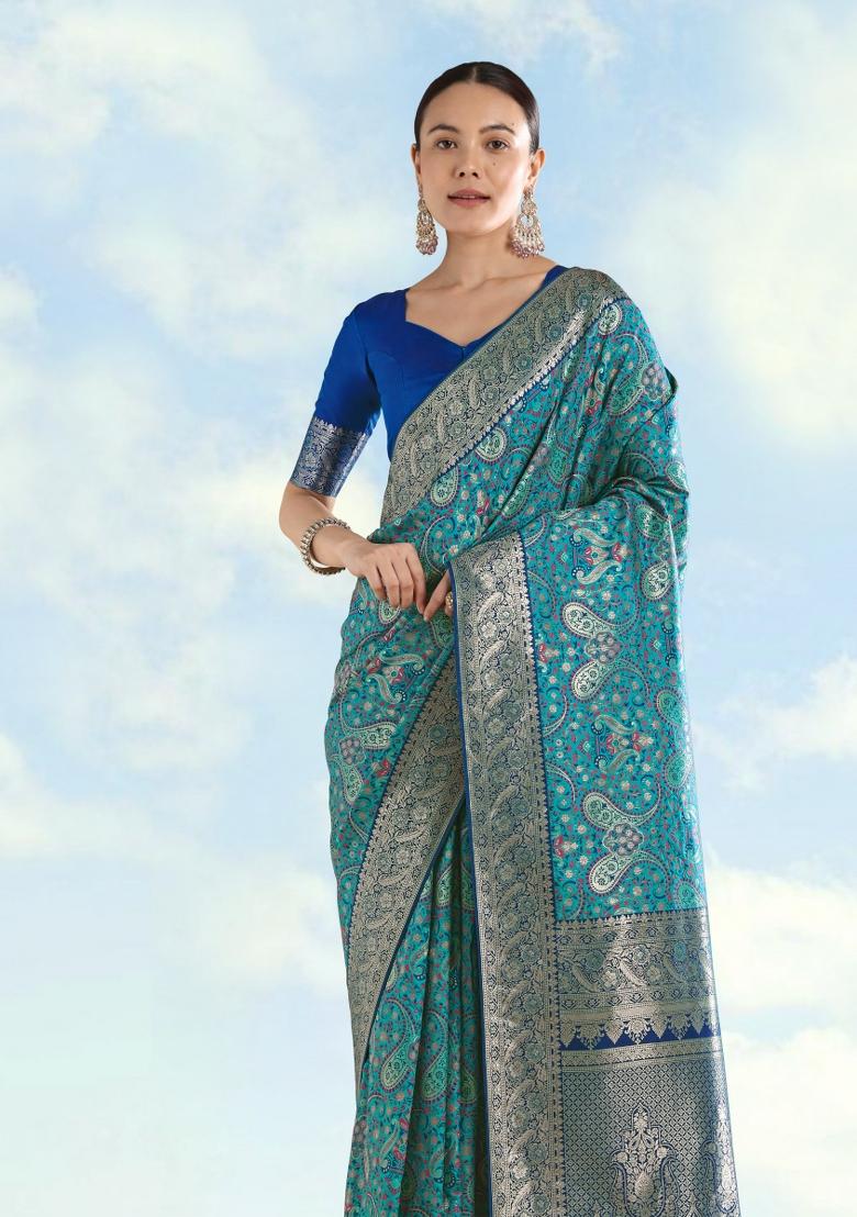 Sky Blue Woven Silk Saree Set - Indya