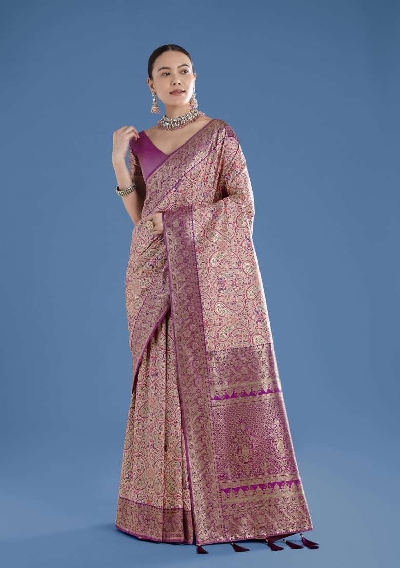 Cream Woven Silk Saree Set - Indya
