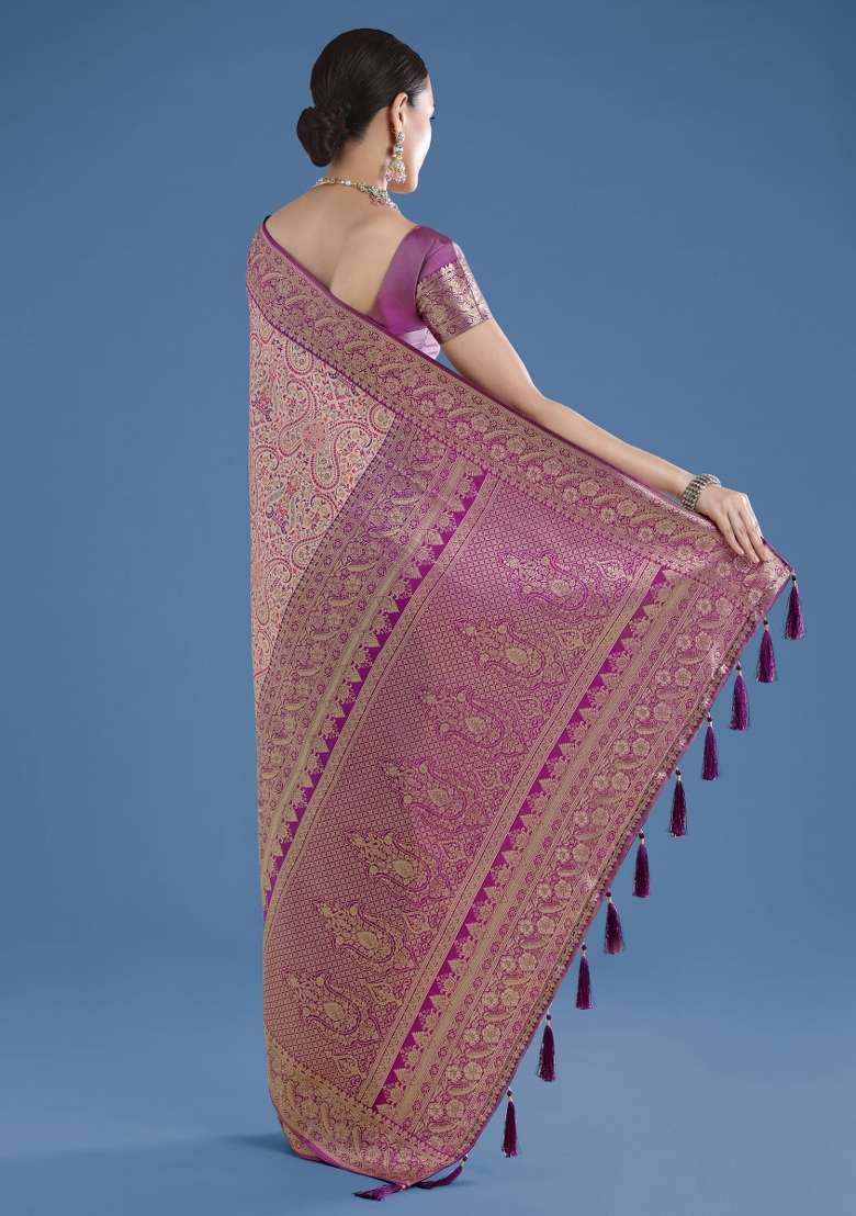 Cream Woven Silk Saree Set - Indya