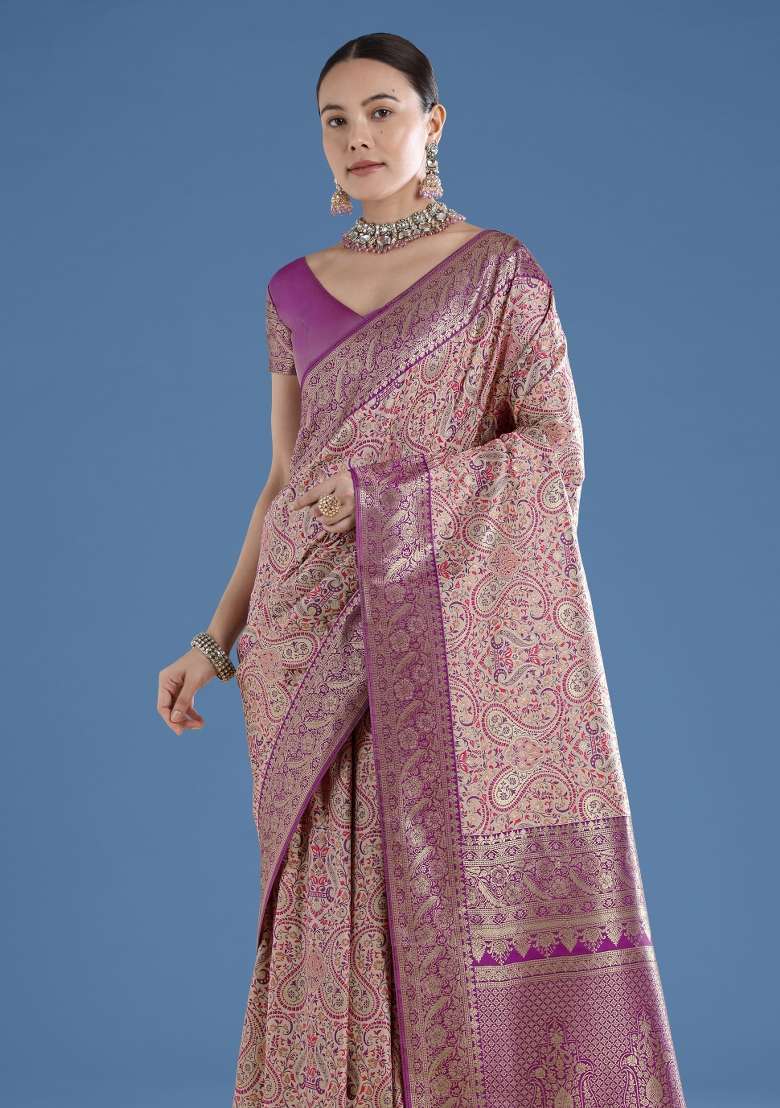 Cream Woven Silk Saree Set - Indya