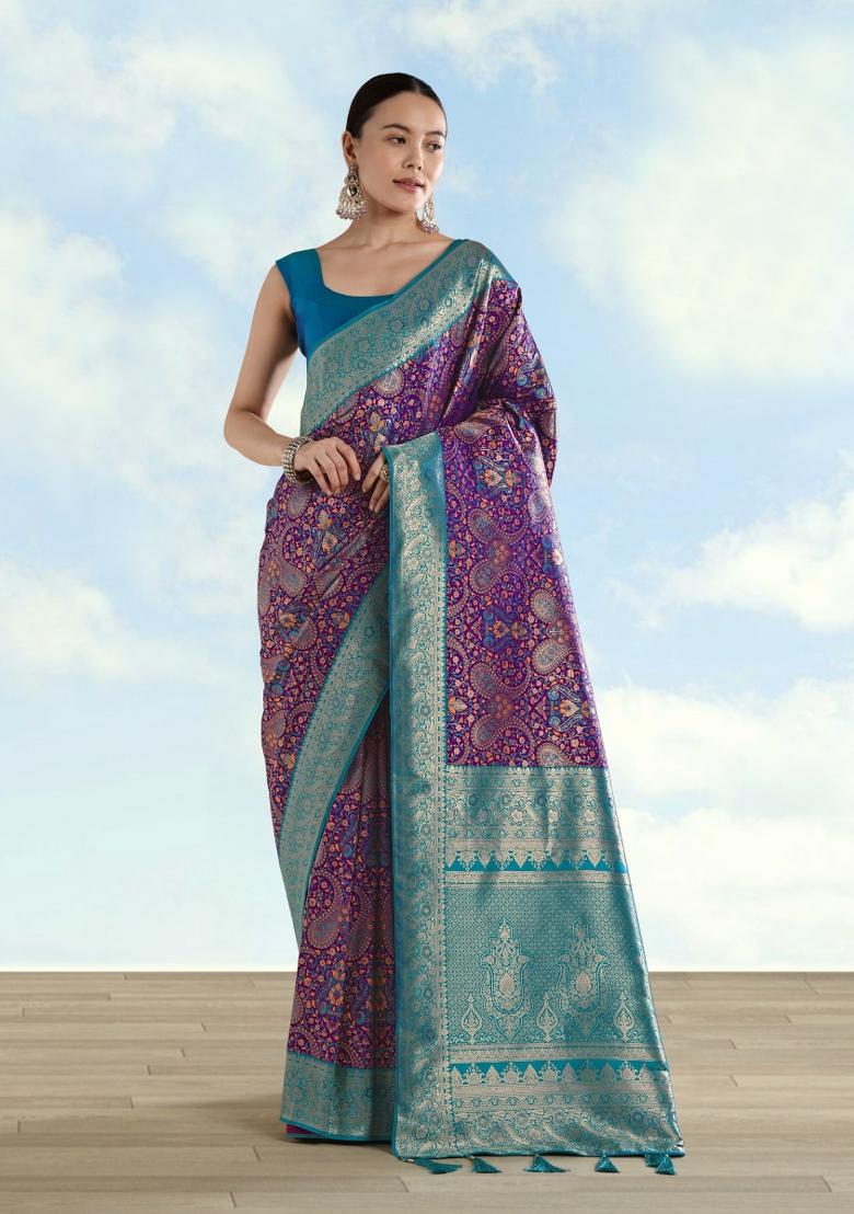 Wine Woven Silk Saree Set - Indya