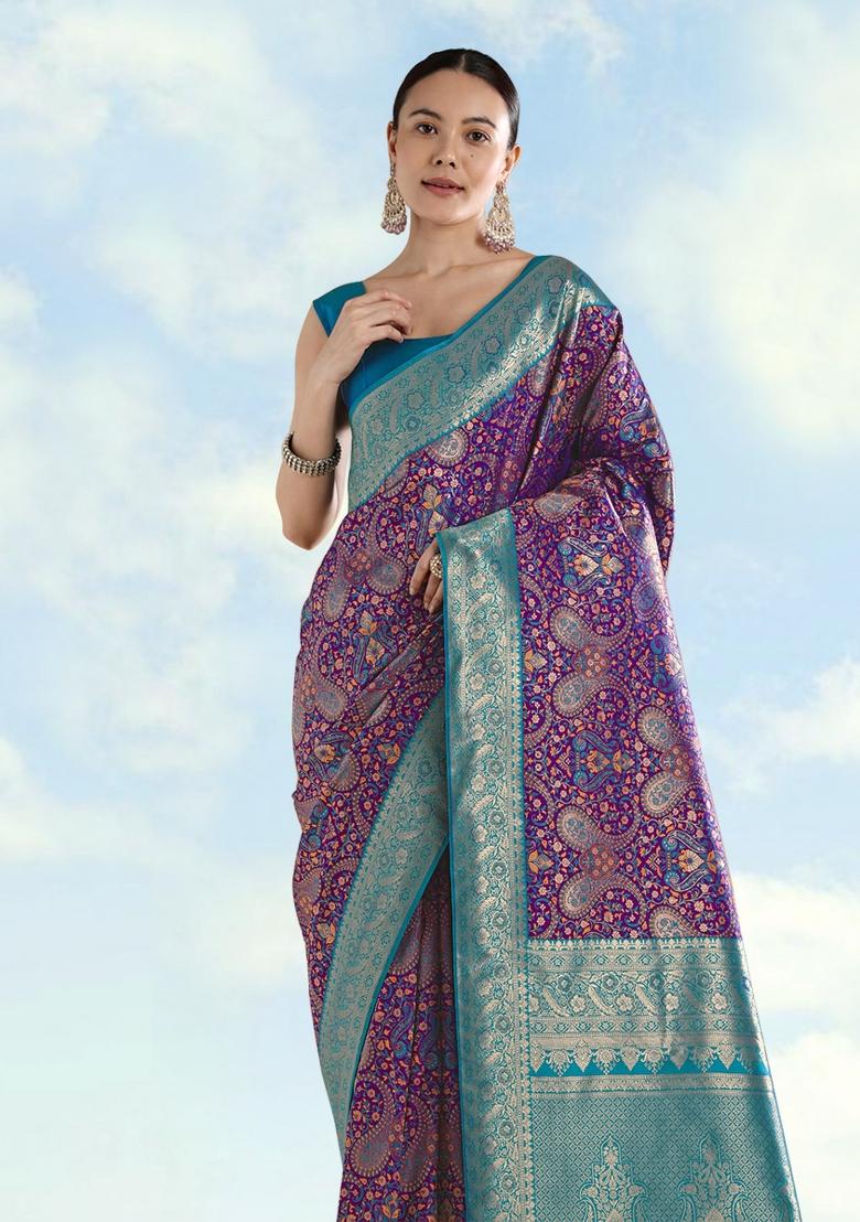 Wine Woven Silk Saree Set - Indya