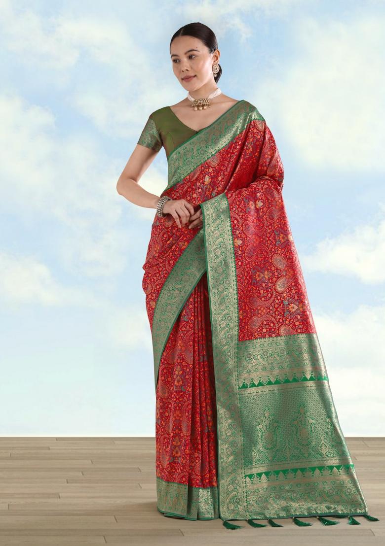 Red Woven Silk Saree Set - Indya