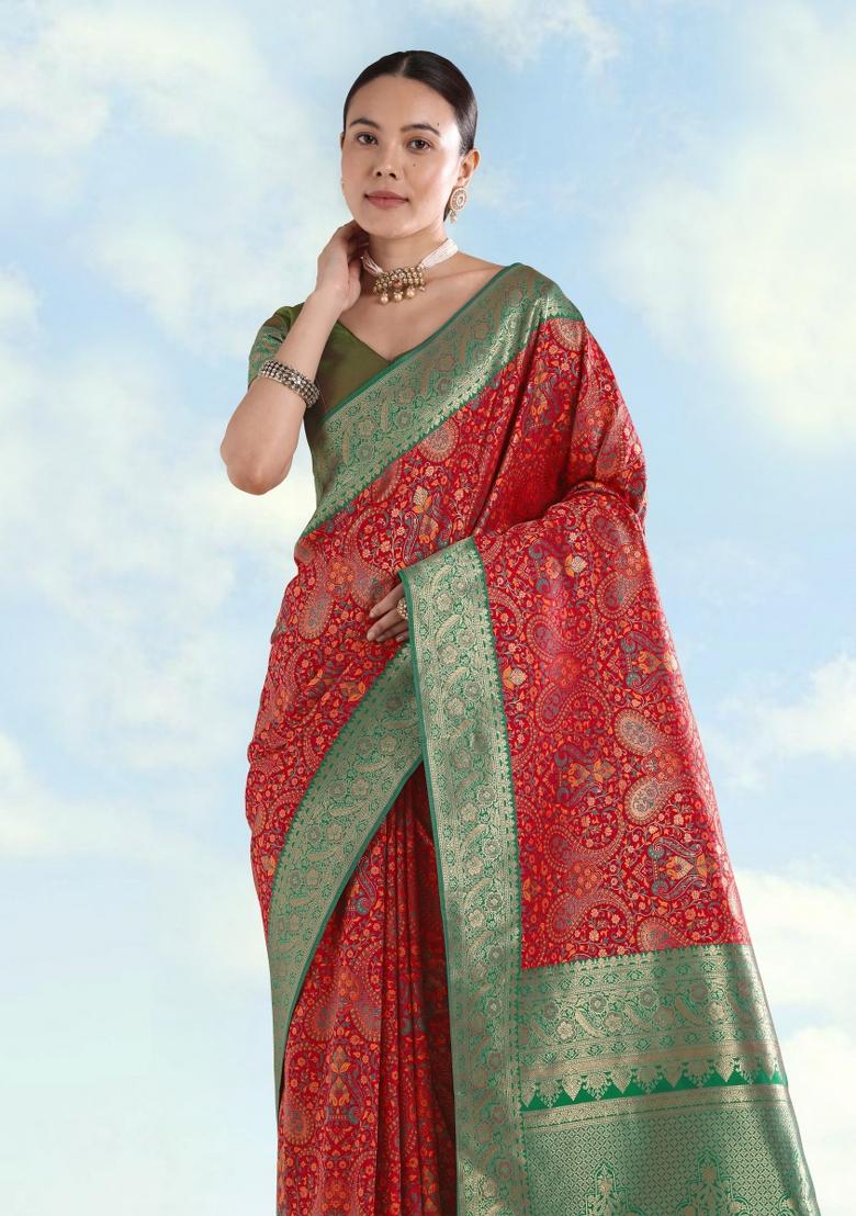 Red Woven Silk Saree Set - Indya