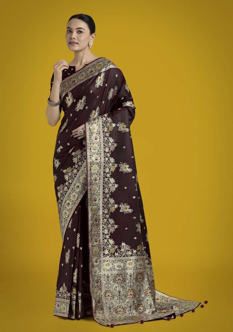 Maroon Woven Silk Saree Set for Diwali | Wedding & Festive Wear - Indya