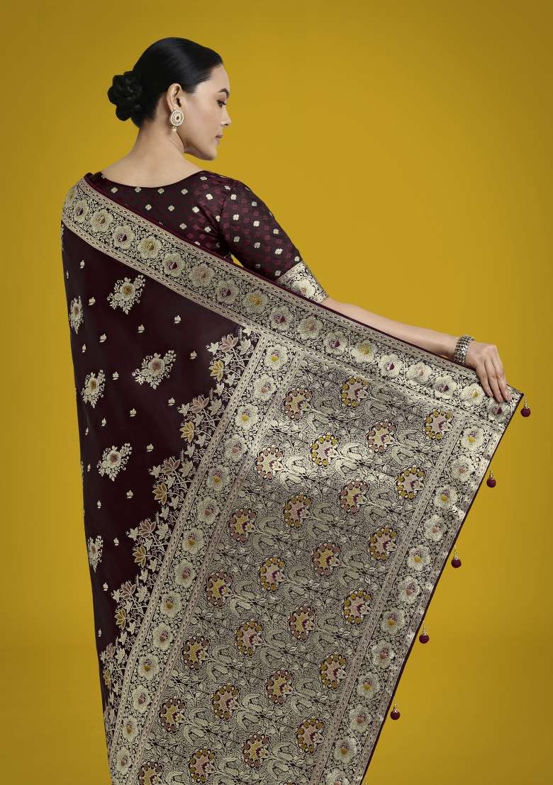 Maroon Woven Silk Saree Set for Diwali | Wedding & Festive Wear - Indya
