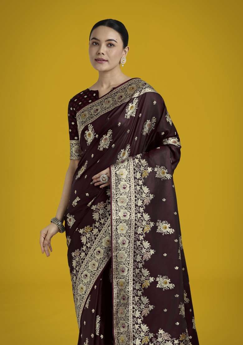 Maroon Woven Silk Saree Set for Diwali | Wedding & Festive Wear - Indya
