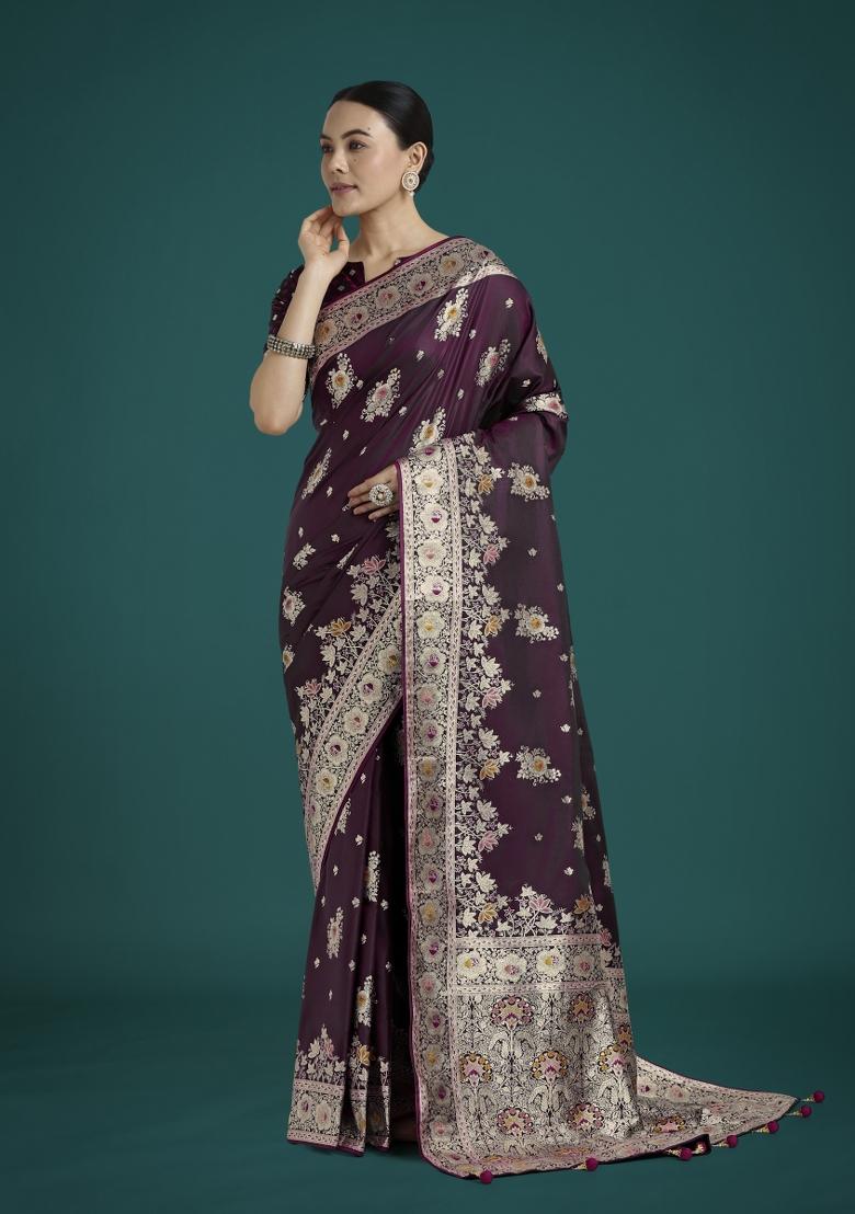 Wine Woven Silk Saree Set - Indya