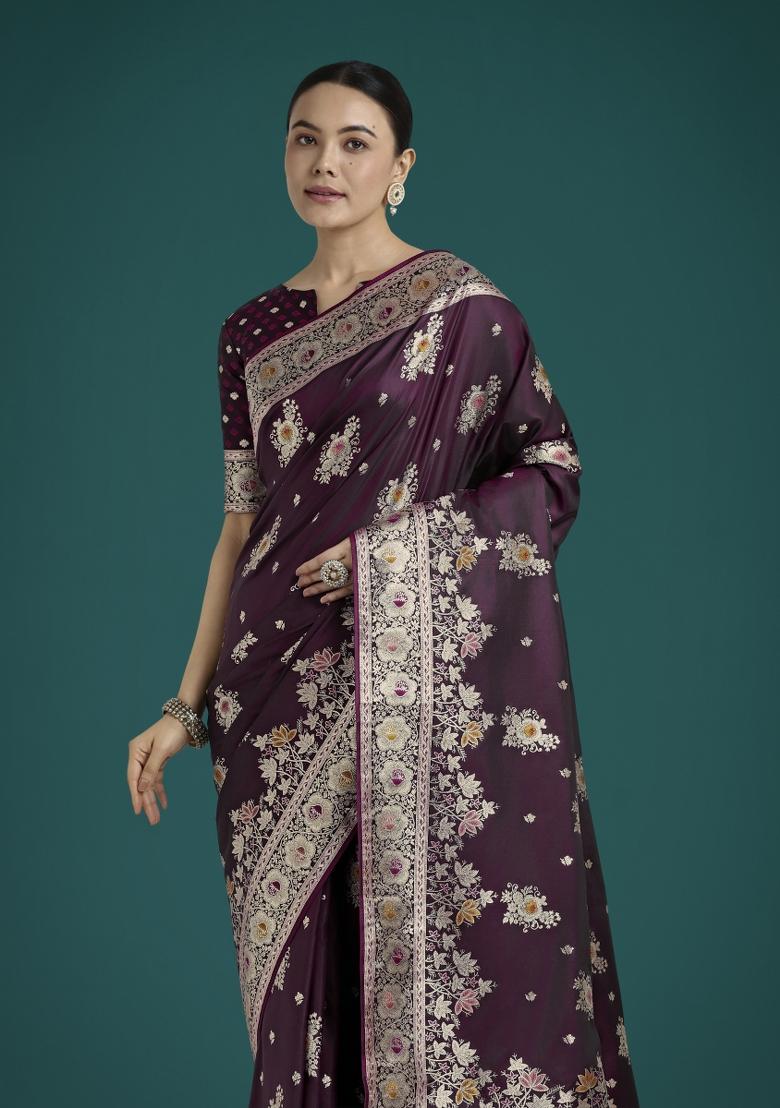 Wine Woven Silk Saree Set - Indya