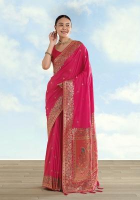 Pink Woven Silk Saree Set