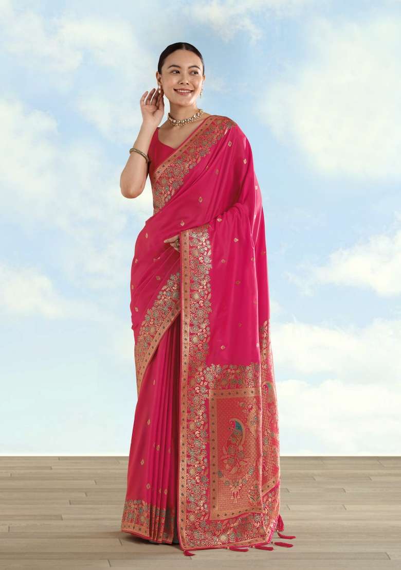 Pink Woven Silk Saree Set for Diwali and Festive Wear - Indya