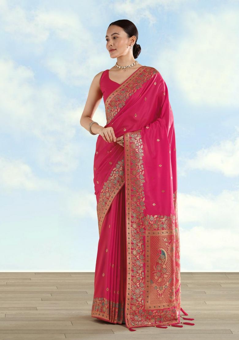 Pink Woven Silk Saree Set - Indya