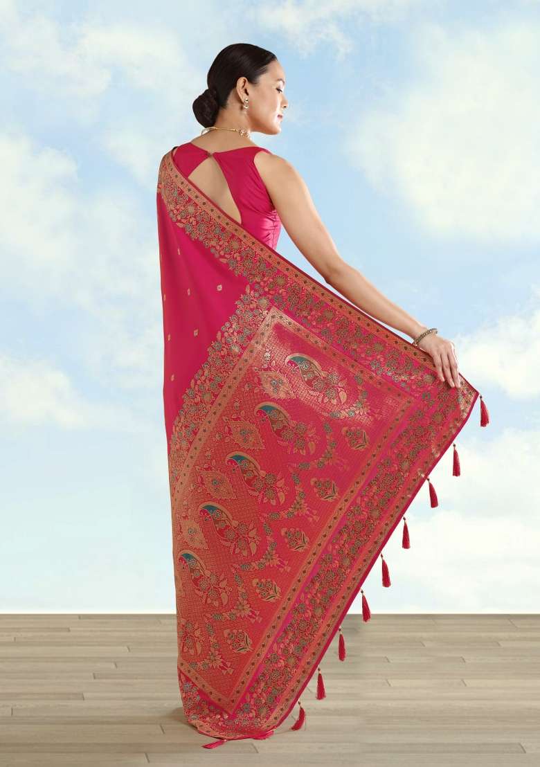 Pink Woven Silk Saree Set for Diwali and Festive Wear - Indya
