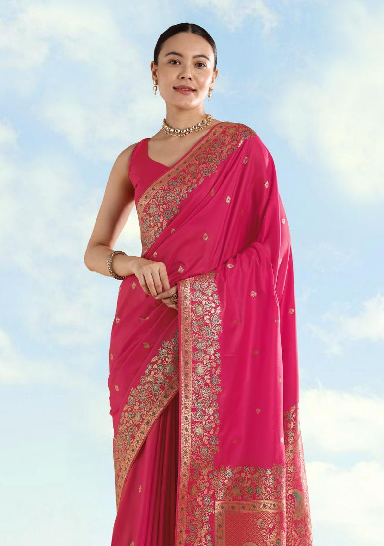 Pink Woven Silk Saree Set - Indya