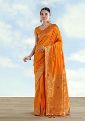 Orange Woven Silk Saree Set