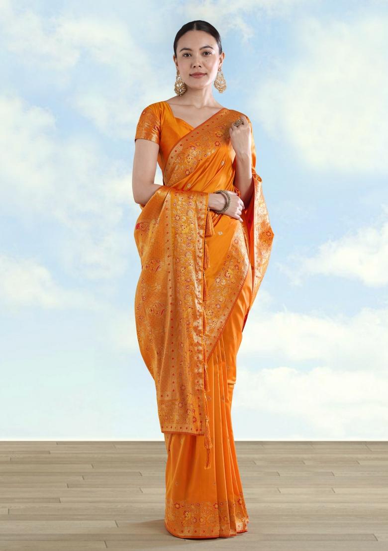 Orange Woven Silk Saree Set - Indya