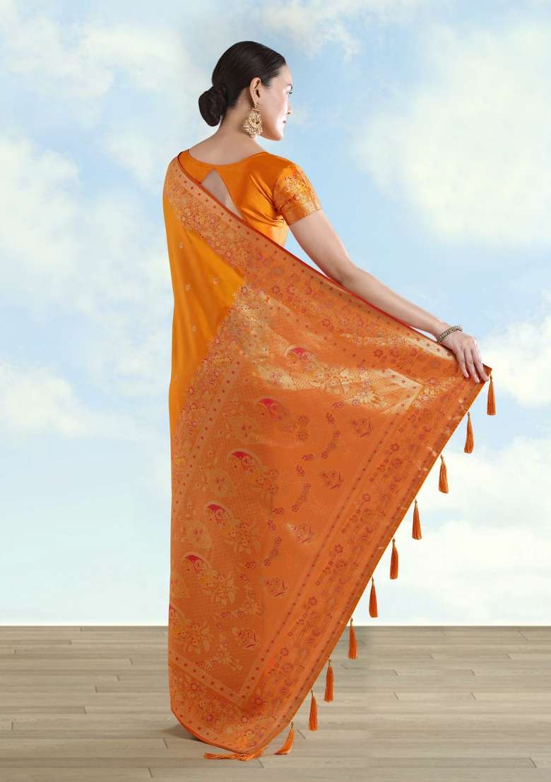 Orange Woven Silk Saree Set for Diwali and Festive Wear - Indya