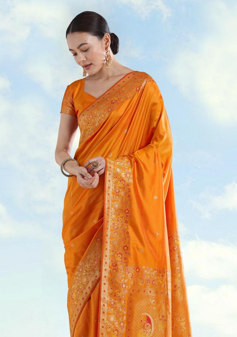 Orange Woven Silk Saree Set - Indya