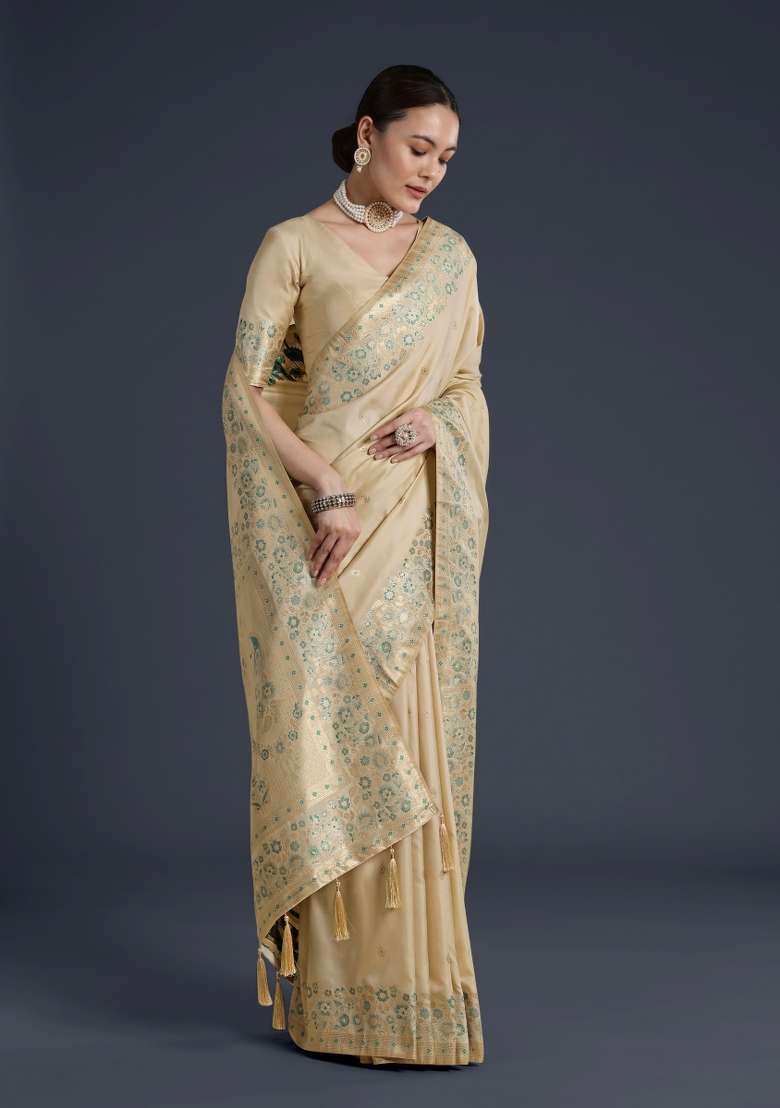 Cream Woven Silk Saree Set for Diwali and Festive Wear - Indya