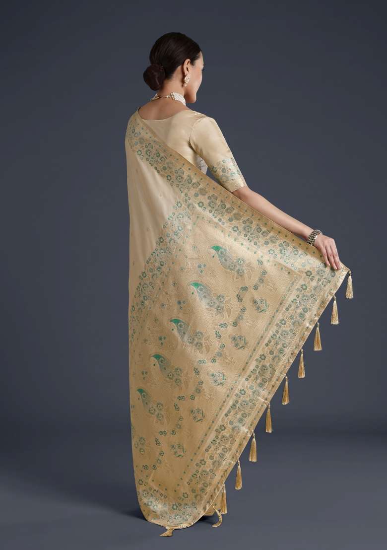 Cream Woven Silk Saree Set for Diwali and Festive Wear - Indya