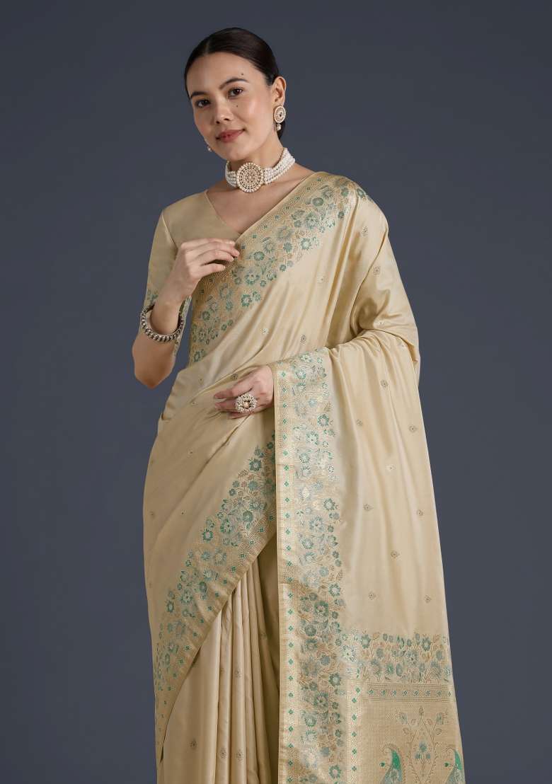 Cream Woven Silk Saree Set for Diwali and Festive Wear - Indya