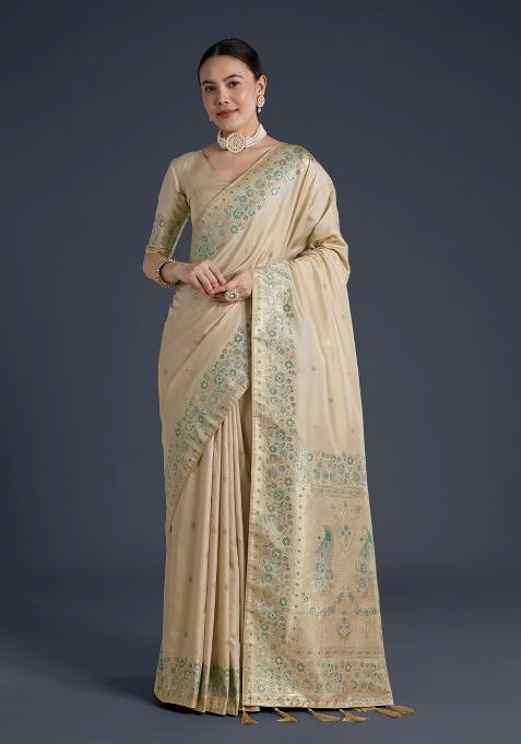 Cream Woven Silk Saree Set