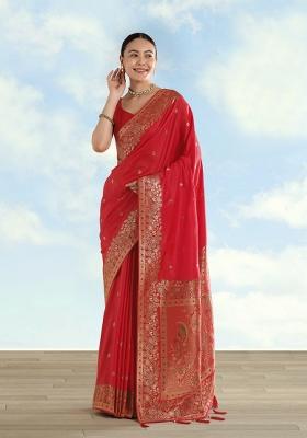 Red Woven Silk Saree Set