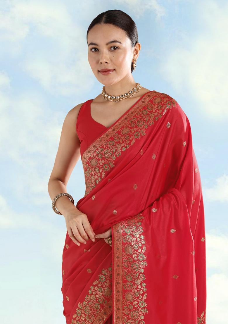 Red Woven Silk Saree Set - Indya