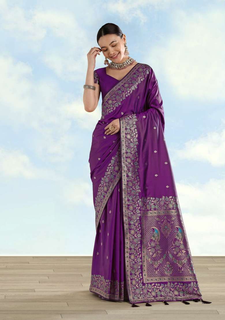 Purple Woven Silk Saree Set for Diwali | Wedding & Festive Wear - Indya