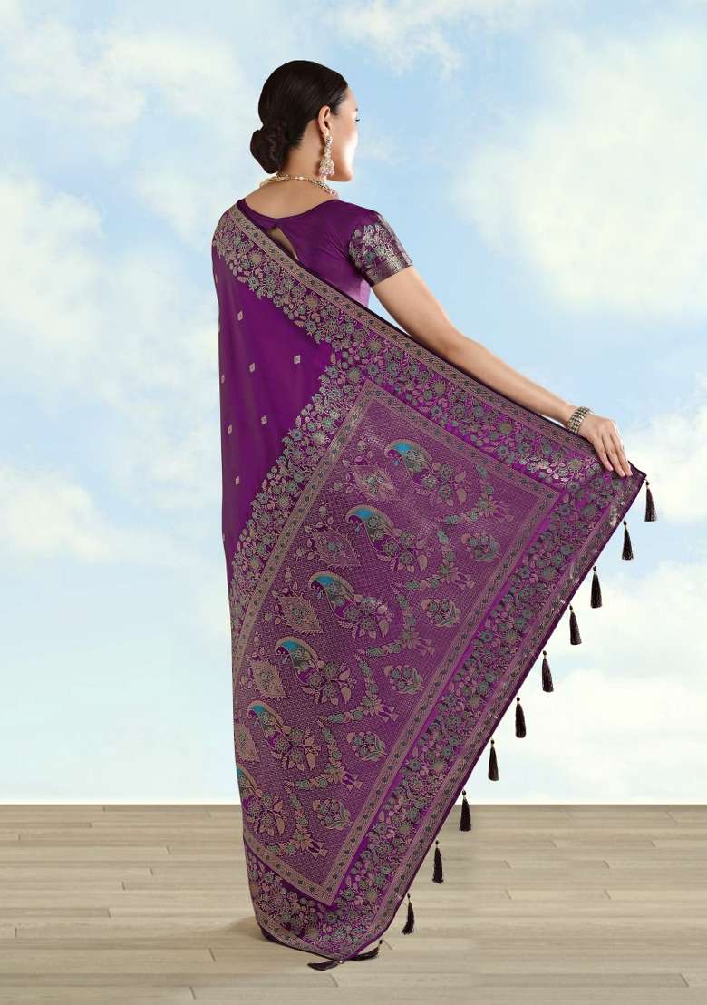 Purple Woven Silk Saree Set for Diwali | Wedding & Festive Wear - Indya