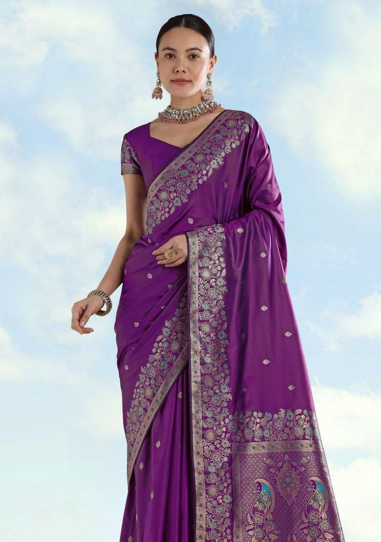 Purple Woven Silk Saree Set for Diwali | Wedding & Festive Wear - Indya