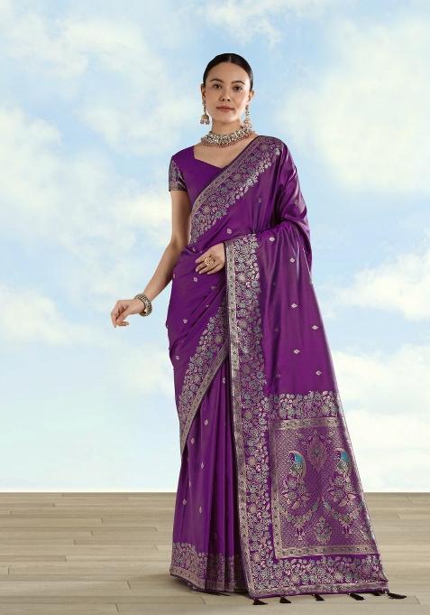 Purple Woven Silk Saree Set