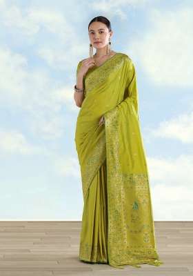 Parrot Green Woven Silk Saree Set